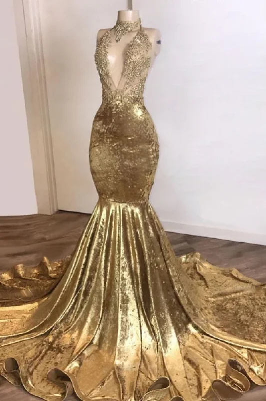 Best Seller Shinning Champagne Gold Deep V-neck Court Train Mermaid Prom Dresses