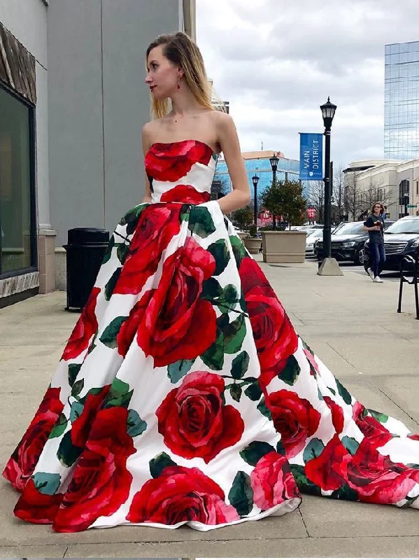 Mega Sale Chic Prom Dresses A Line Rose Floral Print Sweep Train Long Prom Dress JKL911 Mega Sale Chic Prom Dresses A Line Rose Floral Print Sweep Train Long Prom Dress JKL911