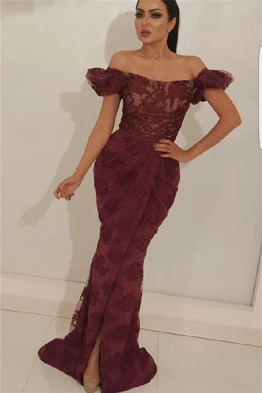 Markdowns Gorgeous Off-the-Shoulder Lace Prom Party Gowns| Charming Mermaid Front Slit Long Prom Party Gowns