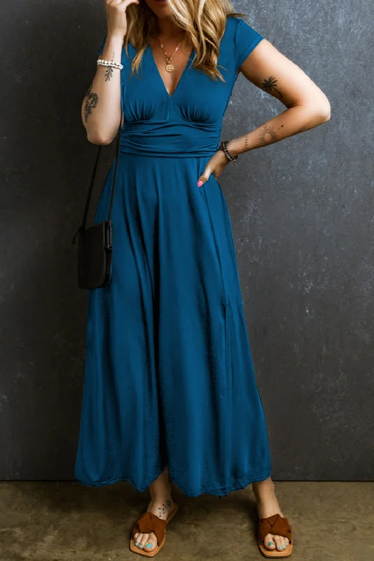 New Deals Peacock Blue Short Sleeve Shirred High Waist V Neck Maxi Dress