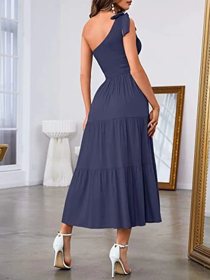 Super Deal flowy maxi dressNew Summer Fashion Women's One-shoulder Pleated Layered Hem Split Dress