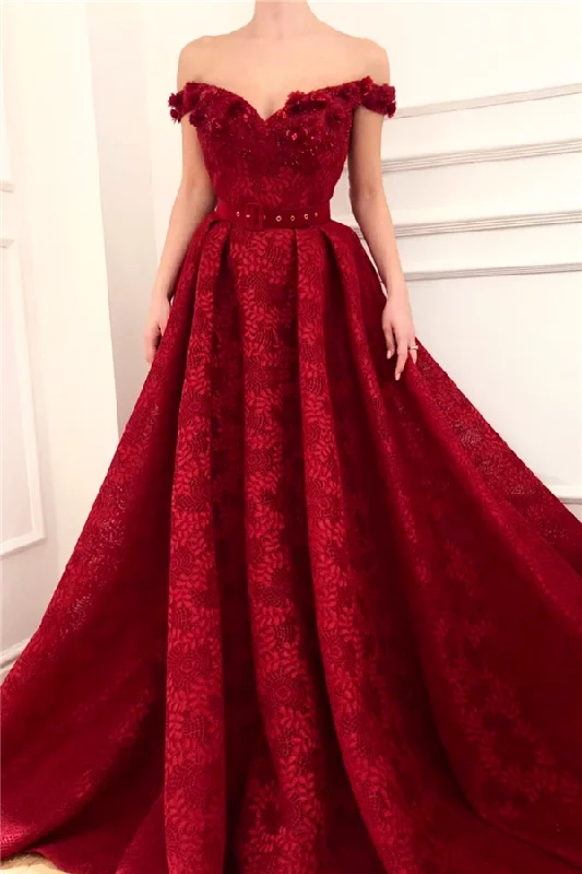 Anniversary Sale Off-the-Shoulder Ruby Lace Evening Dresses Chic Beading Appliques Flowers Prom Dresses Anniversary Sale Off-the-Shoulder Ruby Lace Evening Dresses Chic Beading Appliques Flowers Prom Dresses