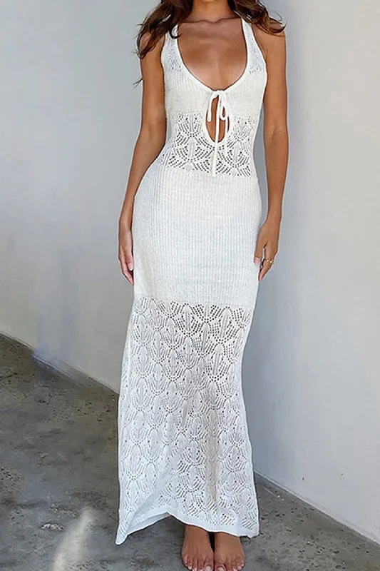 Discount Days off-the-shoulder dressWhite Tie-back Crochet Hollow Out Tank Dress