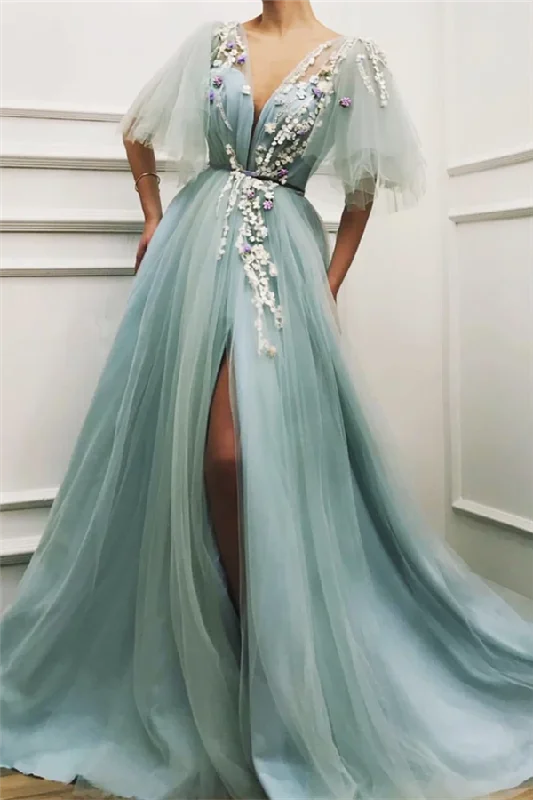 Seasonal Sale Chic Deep V-neck Front Slit Prom Party Gowns| Short Sleeveless Tulle Appliques Long Prom Party Gowns