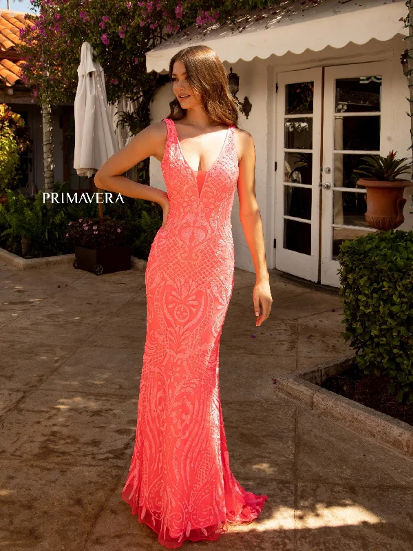 formal dressPrimavera Couture 3722 Size 00 Coral Iridescent Prom Dress V Neckline V Back Long Sequins Evening Gown