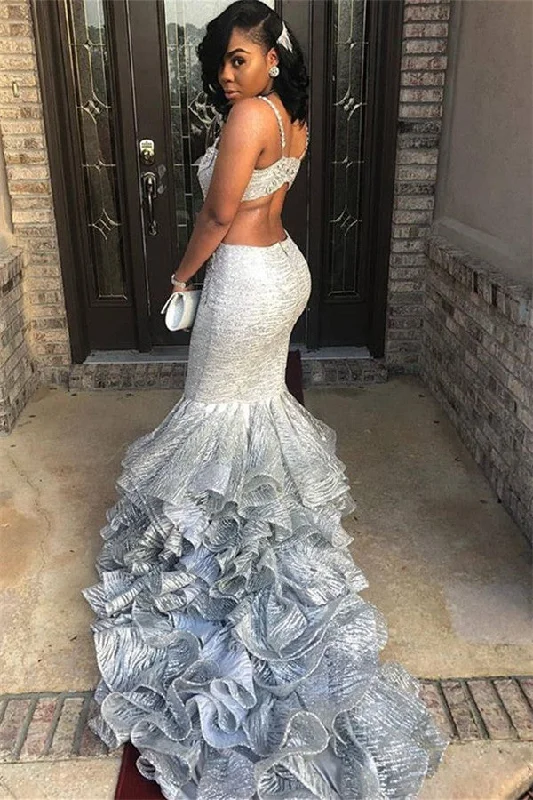 Price Reduction Unique Spaghetti Straps Sleeveless V-Neck Mermaid Prom Party Gowns