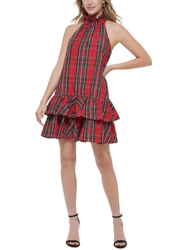 fitted bodycon dressPetites Womens Plaid Mini Halter Dress