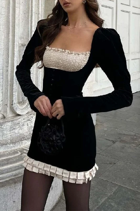 Stock Up and Save chic dressContrast Patchwork Pleated Bodycon Dress