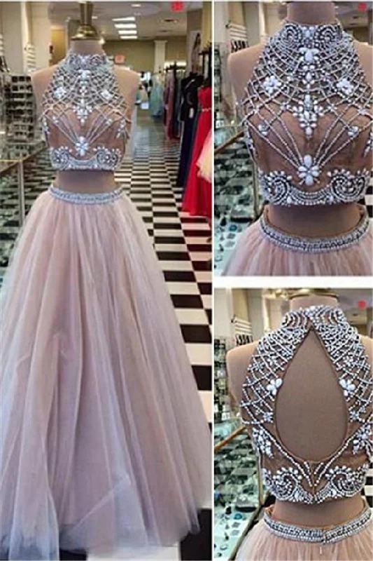 Today’s Deal High Collar Two Piece Tulle Evening Dress with Beading A-Line Halter Long Prom Party Gowns
