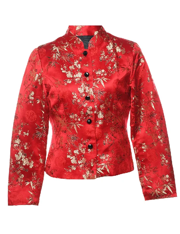 warm fleece jacketJacquard Red Floral Metallic Evening Jacket - M