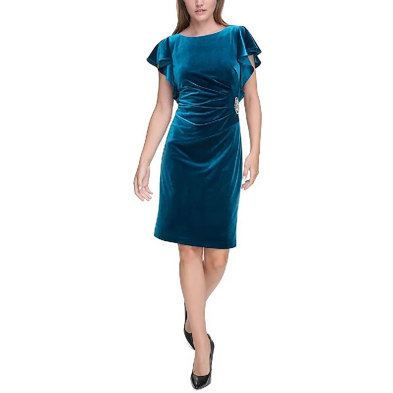 party-ready dressJessica Howard Womens Petites Velvet Ruffle Sleeve Cocktail And Party Dress