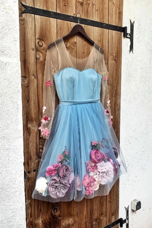 Special Price Blue V Neck 3D Appliques Tulle Short Prom Dress Long Sleeve Homecoming Dress JKT304