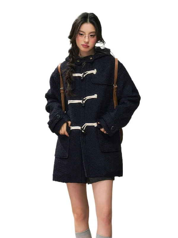 comfortable jacketLoose Navy Hooded Woolen Duffle Coat