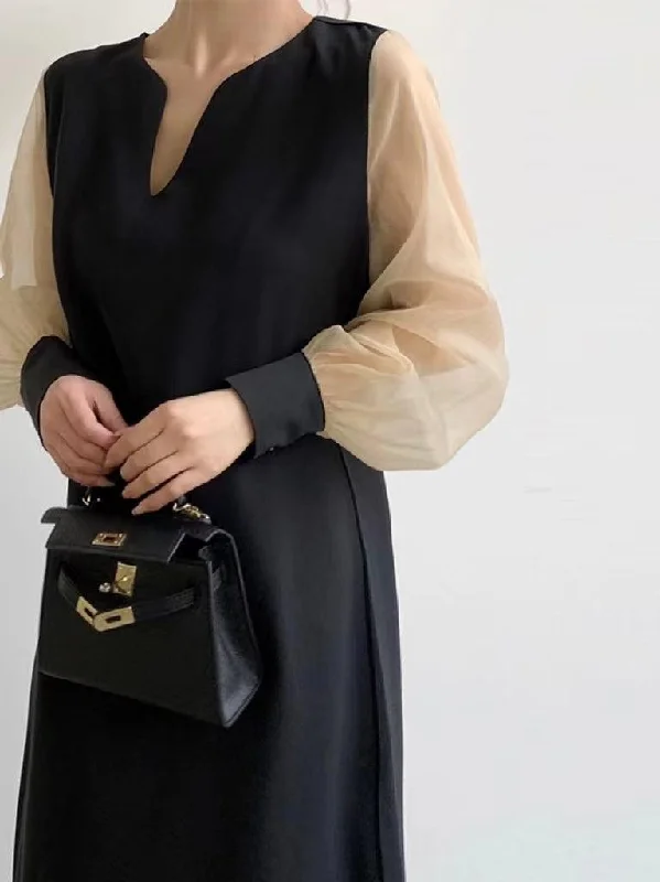 Year-End Sale floral midi dressVibeMartini-Loose Casual Paneled Long-Sleeved Dress
