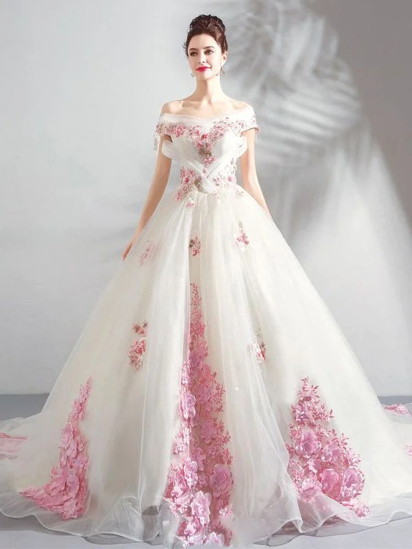 Act Now Ball Gown Prom Dresses Off-the-shoulder Sweep Train Chic Long Prom Dress JKL1266