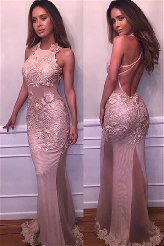 Super Bargain Chic Open Back Evening Dresses On Sale Sleeveless Lace Appliques Prom Dresses