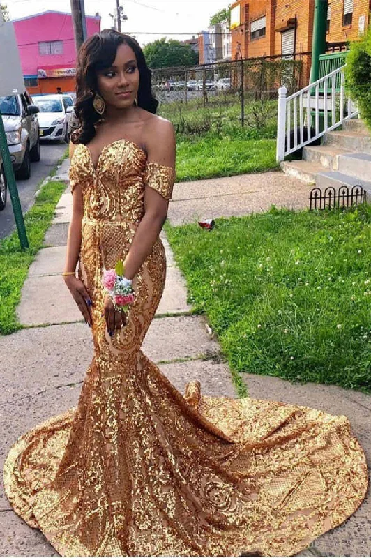 Exclusive Savings Gold Floor Length Off-the-Shoulder Mermaid Sweetheart Sleeveless Sequins Prom Dresses Exclusive Savings Gold Floor Length Off-the-Shoulder Mermaid Sweetheart Sleeveless Sequins Prom Dresses