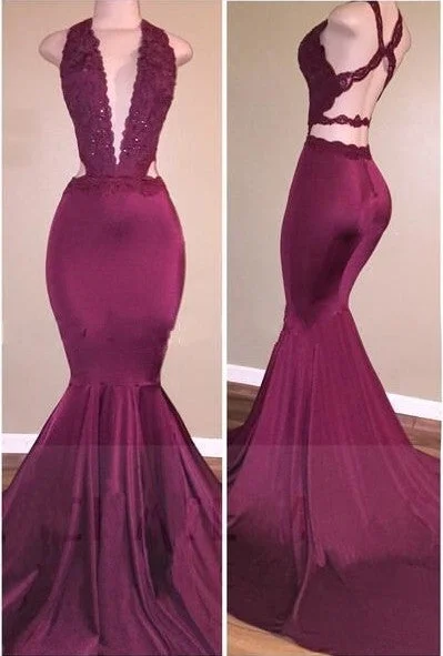 Shop and Save Alluring Deep-V-Neck Beading Cross-Back Mermaid Prom Dresses
