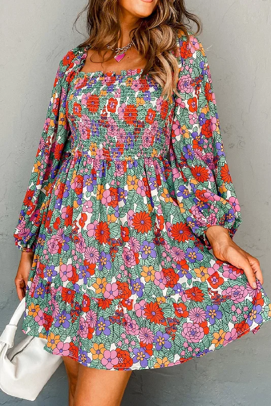 Savings Alert structured dressFloral Smocked Bust Square Neck Ruffled Dress