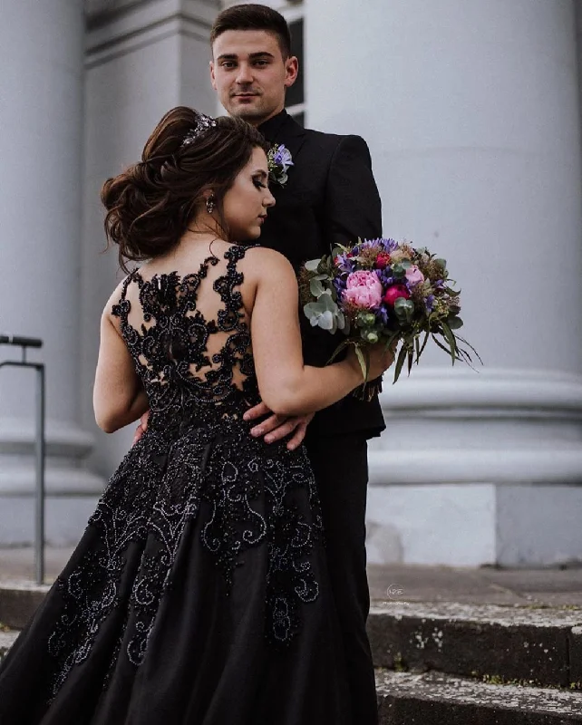 Lowest Price Scoop Tulle Appliques with Beading Black Wedding Dress Long Prom Dress,JKZ6124 Lowest Price Scoop Tulle Appliques with Beading Black Wedding Dress Long Prom Dress,JKZ6124