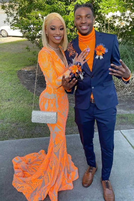 Amazing Deals Gorgeous Mermaid V-neck Orange Sparkle Prom Dresses