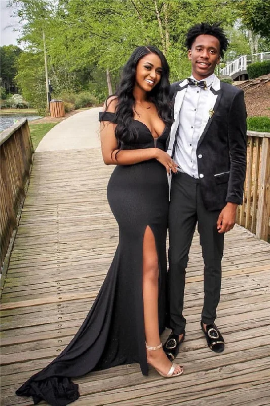 Exclusive Offers Elegant Off Shoulder Chic V-neck Alluring Prom Dresses Elegant Side Slipt Fit and Flare Formal Dresses