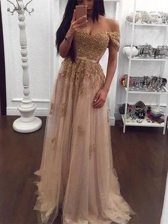 Anniversary Sale Sparkly Prom Dresses A-line Off-the-shoulder Floor-length Chic Long Prom Dress JKL1238