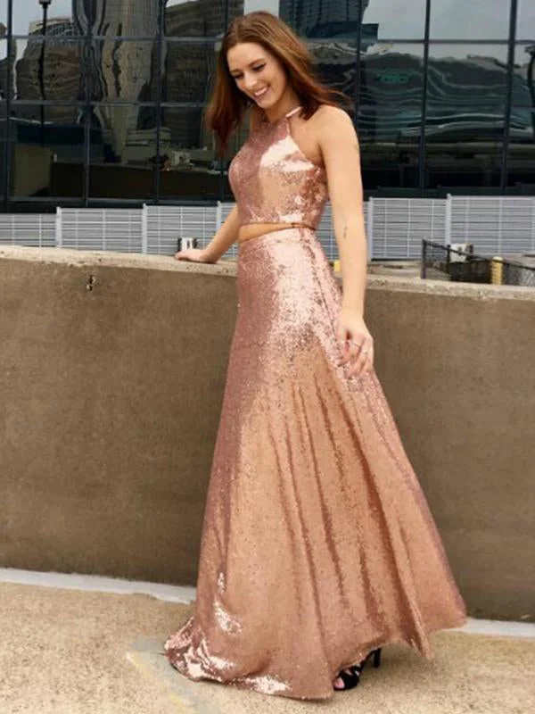 Super Sale Two Piece Prom Dresses A-line Rose Gold Sequins Long Prom Dress Sexy Evening Dress JKL1121