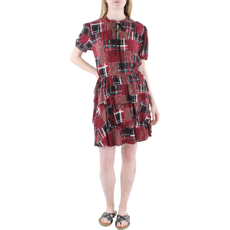 ruffle dressTommy Hilfiger Womens Patchwork Tie Neck Fit & Flare Dress