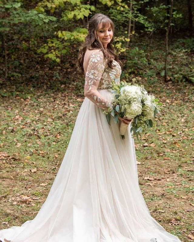 Final Markdown A-Line Long Sleeves Chic Embroidery Bohemian Wedding Dress Backless,JKZ6122