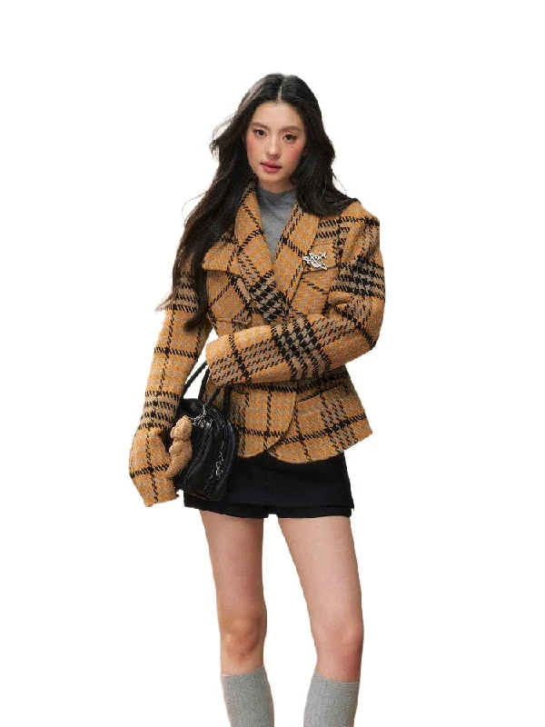 relaxed fit jacketYellow Plaid Fitted Shoulder-Pad Jacket