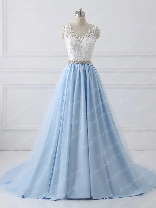 Special Savings Lace Prom Dresses A-line Sweep Train Light Sky Blue V-neck Long Prom Dress JKL1158 Special Savings Lace Prom Dresses A-line Sweep Train Light Sky Blue V-neck Long Prom Dress JKL1158