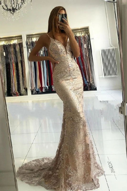 New Deals Elegant Spaghetti Strap Champange Court Train V-neck Evening Dress