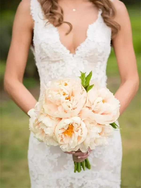 Online Only Sexy Wedding Dresses V-neck Straps Appliques Tulle Bridal Gown JKW048