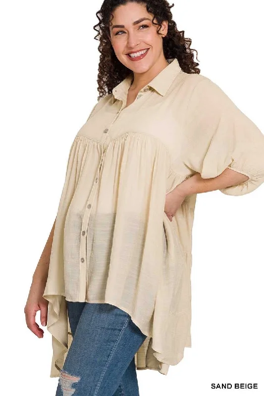 stylish dress29 SSS-B {Keep Me Busy}  Beige Hi/Low Buttoned Tunic PLUS SIZE 1X 2X 3X