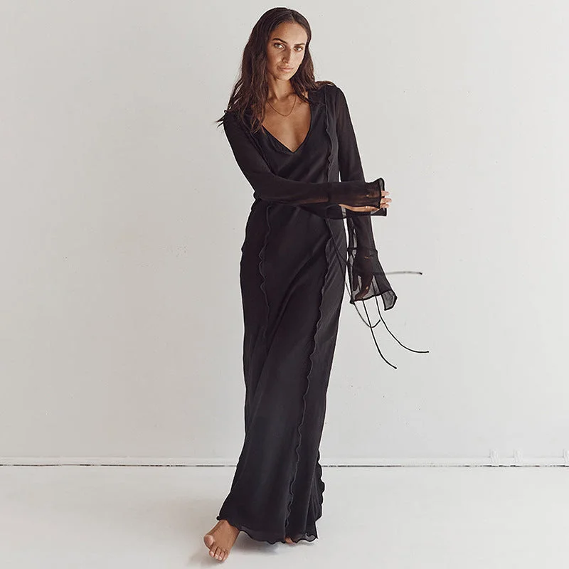 Year-End Sale sleek dressCamille Solid Sheer Beach Maxi Dress