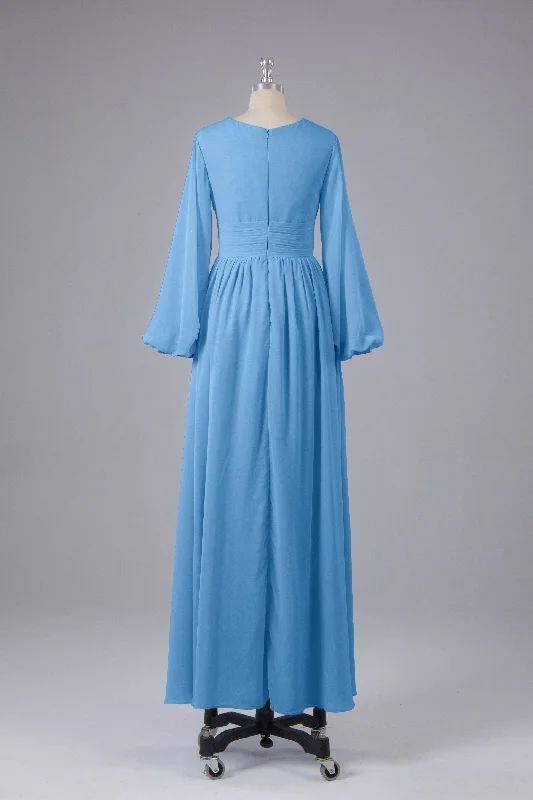 Markdown Madness Elegant Long Sleeves V Neck Chiffon Long Bridesmaid Dresses