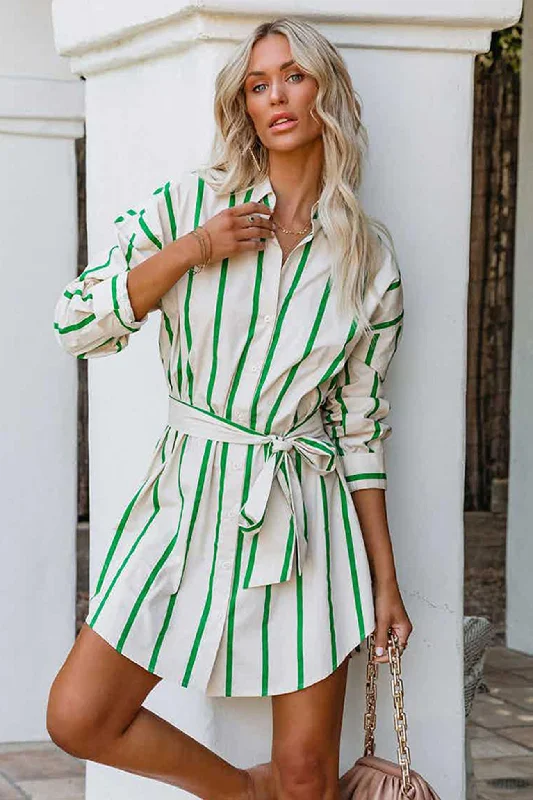YEAR-End Clearance midi dressGreen Striped Print Lace-up Shirt Dress