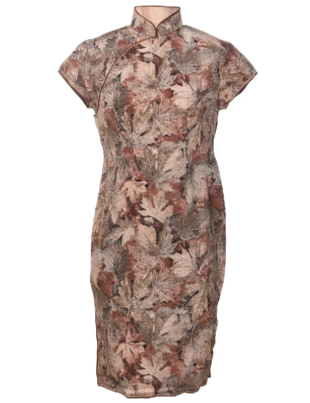 Crazy Deals cold weather coatLeafy Print Black & Brown 1960s Cheongsam Colllar Metal Zipper Dress - S