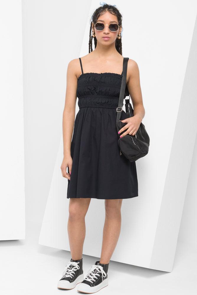 Early Access off-shoulder dressShirred Mini Dress Cotton Poplin Black