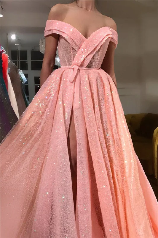 New Deals Charming Sequins Off-the-Shoulder Sweetheart Prom Party Gowns| Chic Sleeveless Front Slit Long Prom Party Gowns