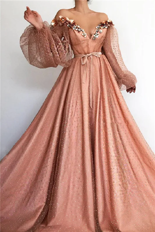 Factory Direct Sale Chic Off-the-Shoulder V-neck Long Tulle Beading Long Sleevess Prom Party Gowns Factory Direct Sale Chic Off-the-Shoulder V-neck Long Tulle Beading Long Sleevess Prom Party Gowns
