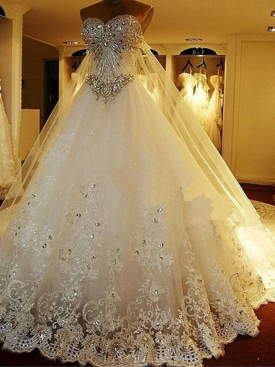 Special Savings Luxury Wedding Dresses Rhinestone Sweep/Brush Train Tulle Bridal Gown JKW095