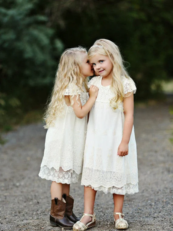 Crazy Savings Flower Girl Dresses Knee-length Lace Ivory Hand-Made Flower JKF016