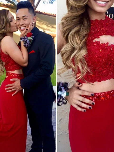 Limited Availability Two Piece Red Prom Dresses Short Train Sheath Column Long Sexy Prom Dress JKL1068