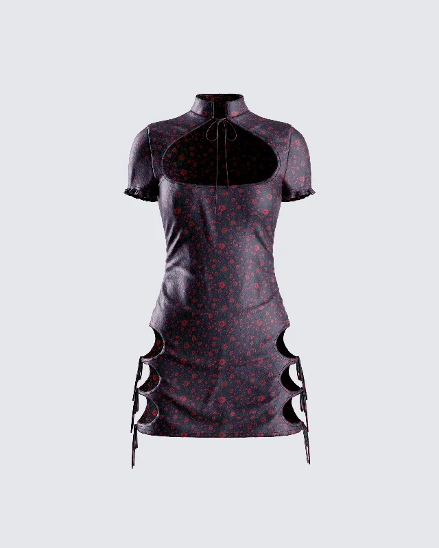 Savings Bonanza lace dressIvie Black Floral Satin Mini Dress