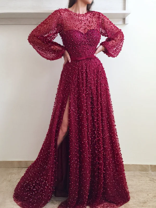 Big Discounts Long Sleeve Prom Dresses A-line Long Burgundy Lace Beading Sparkly Slit Prom Dress JKL1195 Big Discounts Long Sleeve Prom Dresses A-line Long Burgundy Lace Beading Sparkly Slit Prom Dress JKL1195