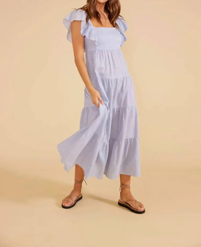 chic slip dressAries Tiered Midi Dress In Blue/white