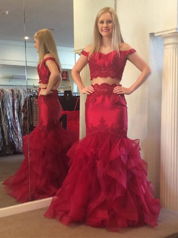 Great Bargains Two Piece Mermaid Prom Dresses Off-the-shoulder Burgundy Sexy Prom Dress JKL1129