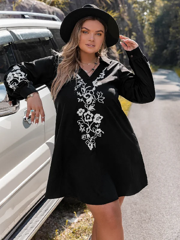 casual day dressPlus Size Embroidered Long Sleeve Mini Dress